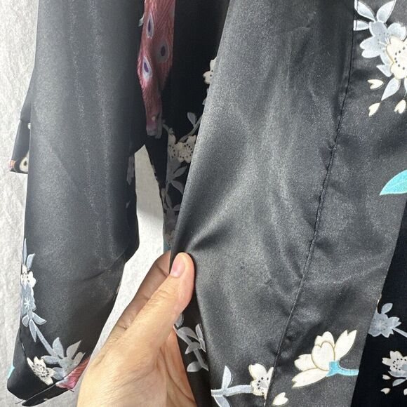 Sam Well Black Floral Peacock Belted Satin Kimono Robe Womens OSFM - Picture 14 of 14